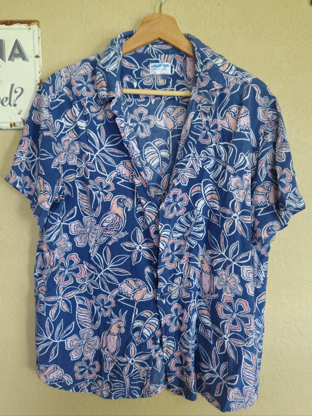 Mens Surf Style Vintage Camp Shirt Tiki Polynesian  Aloha Cabana Birds